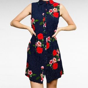Nina Leonard | Navy Blue Floral Dotted Button Down Front Sleeveless Shirt Dress